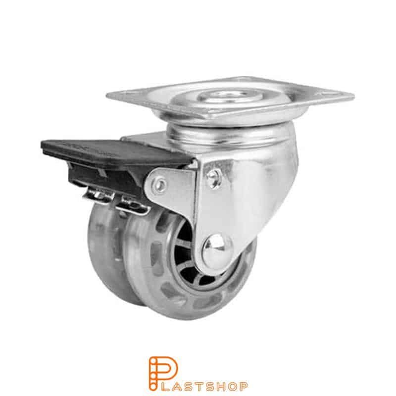 Double link wheel with brake, plate, wheel diameter 50 mm, building height 70 mm, hub in PC with soft track in PUR in transparent color. 70 kg load capacity, slide bearings