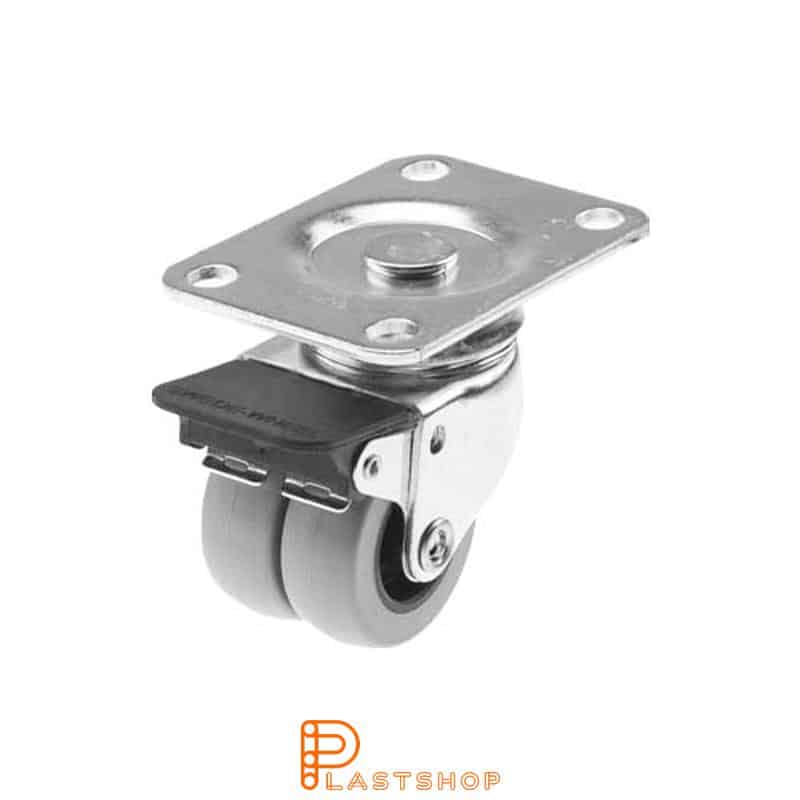 Kaksoislenkkihaka jarrulla, laippa, pyörän halkaisija 50 mm, korkeus 74 mm, navat PP:llä pehmeällä uralla PUR:sta harmaassa värissä. 70 kg kantavuus, liukulagerit