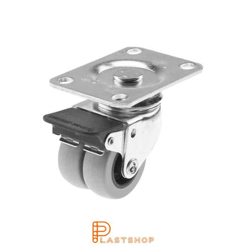 Double link wheel with brake, plate, wheel diameter 50 mm, building height 74 mm, hub in PP with soft track in TPE in gray color. 70 kg load capacity, slide bearings