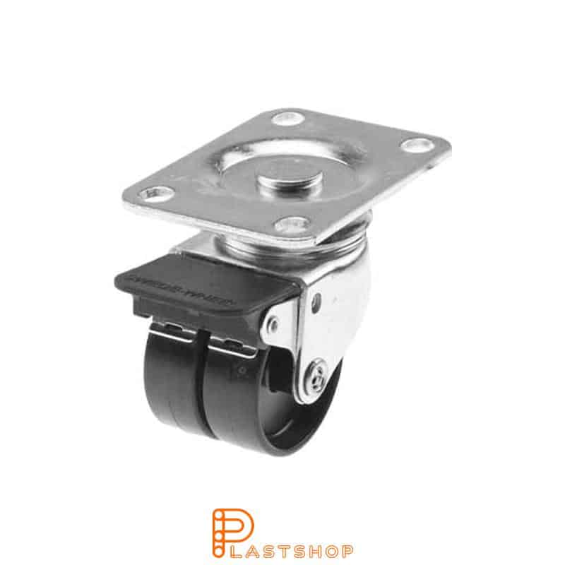 Rueda doble de enlace con freno, placa, diámetro de la rueda 50 mm, altura de construcción 75 mm, rueda dura de PA6 macizo, 70 kg de carga, cojinete deslizante