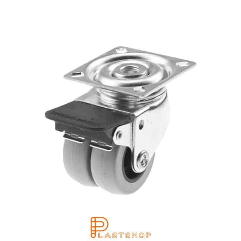 Dubbelt länkhjul med broms, platta, hjuldiameter 75 mm, bygghöjd 101 mm, nav i PP med mjuk bana i PUR i grå färg. 100 kg bärighet, glidlager