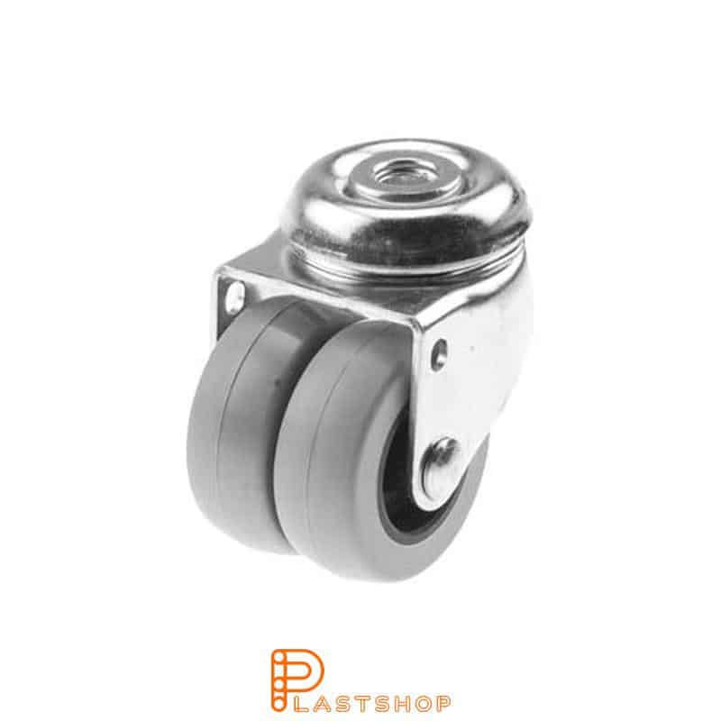 Double link wheel without brake, center hole, wheel diameter 50 mm, building height 70 mm, hub in PP with soft track in PUR in grå. 70 kg load capacity, slide bearings