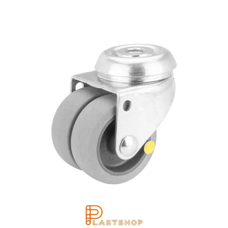 Double link wheel without brake, center hole, wheel diameter 50 mm, building height 70 mm, hub in PP with soft track in TPE in grå. 70 kg load capacity, slide bearings