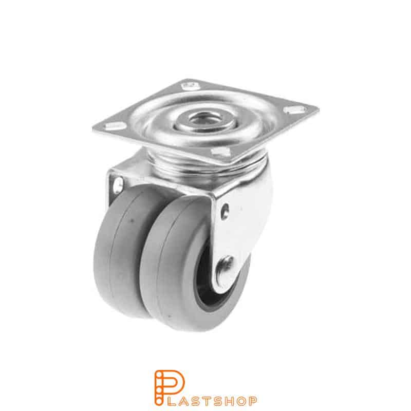 Double link wheel without brake, center hole, wheel diameter 75 mm, building height 99 mm, hub in PP with soft track in PUR in grå. 90 kg load capacity, slide bearings