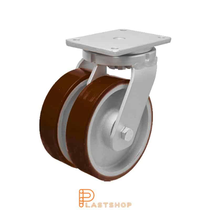 Double link wheel without brake, plate, wheel diameter 125 mm, building height 185 mm, hub in cast iron with soft track in PUR in red color. 1000 kg load capacity, double ball bearings