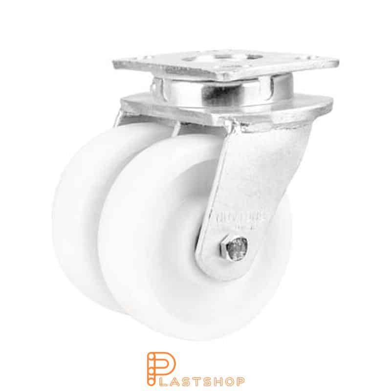 Double link wheel without brake, plate, wheel diameter 150 mm, building height 200 mm, hard wheel in solid PA6, 1350 kg load capacity, double ball bearings