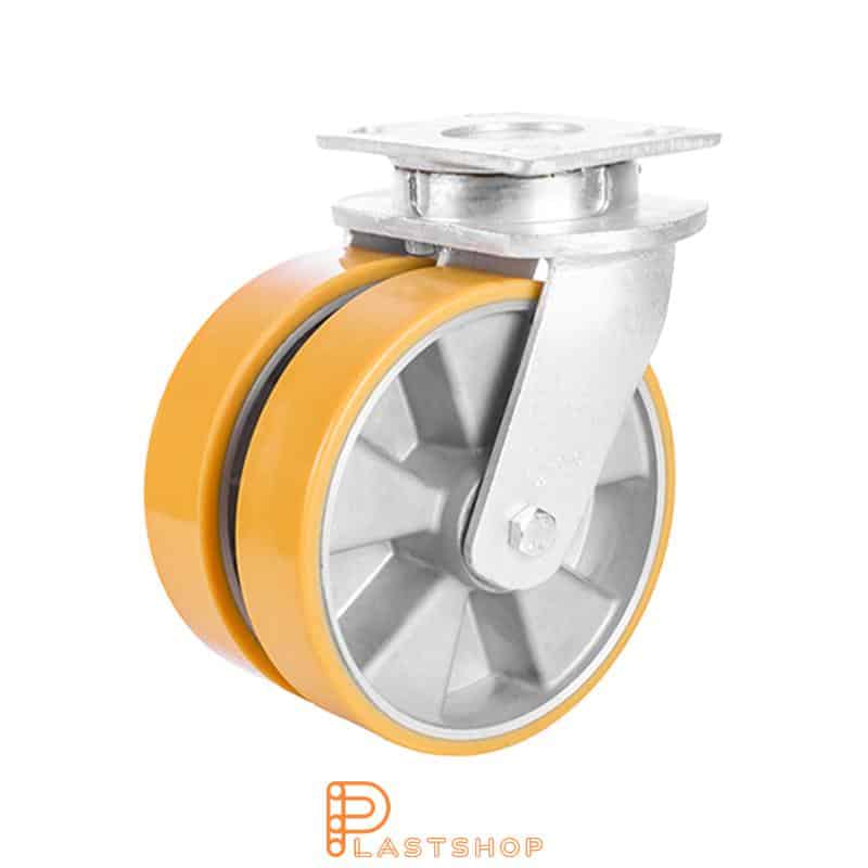 Double link wheel without brake, plate, wheel diameter 150 mm, building height 200 mm, hub in aluminum with soft track in PUR in orange. 1000 kg load capacity, double ball bearings