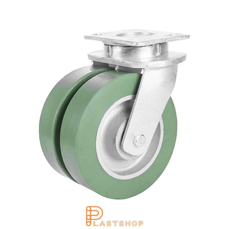 Double link wheel without brake, flat, wheel diameter 150 mm, construction height 200 mm, hub in cast iron with soft running surface in ElastoPUR in grön. 900 kg load capacity, double ball bearings