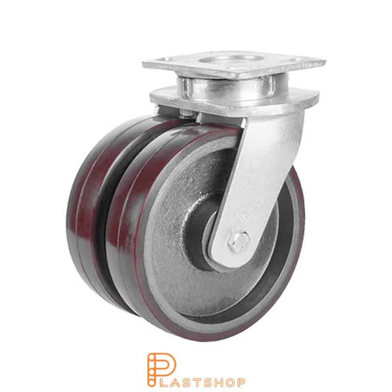 Double link wheel without brake, plate, wheel diameter 150 mm, building height 200 mm, hub in cast iron with soft track in PUR in röd. 1350 kg load capacity, double ball bearings