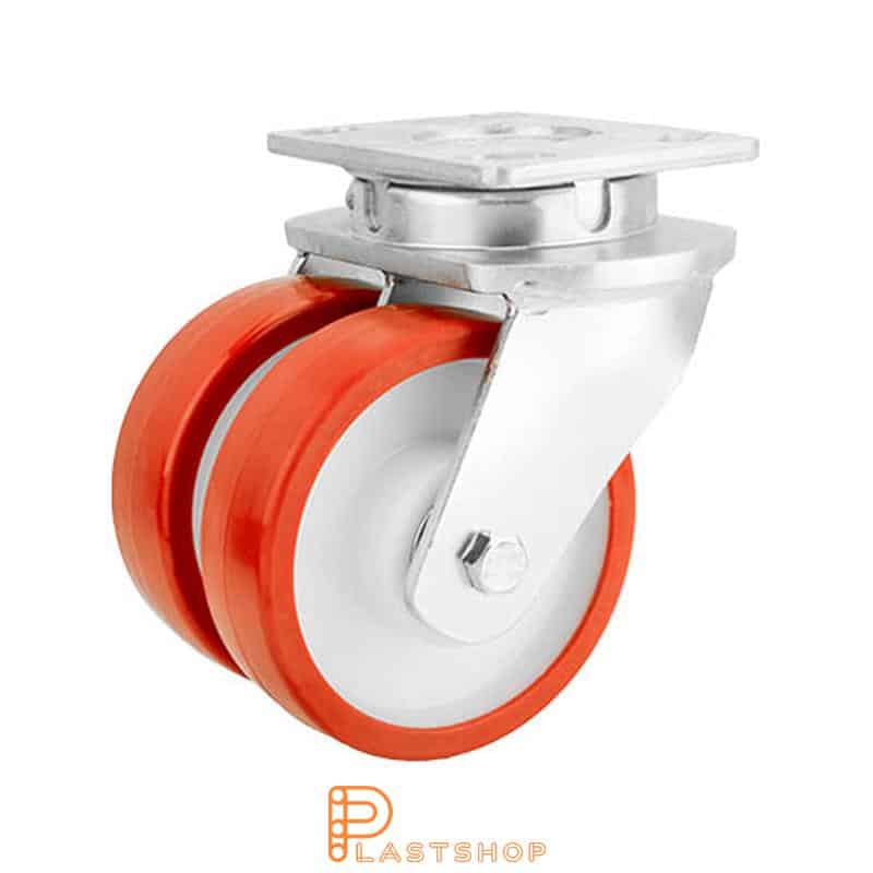 Double link wheel without brake, flat, wheel diameter 150 mm, construction height 200 mm, hub in PA6 with soft running surface in PUR in röd. 1100 kg load capacity, double ball bearings