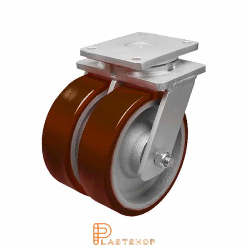 Double link wheel without brake, plate, wheel diameter 150 mm, building height 212 mm, hub in cast iron with soft track in PUR in röd. 1900 kg load capacity, double ball bearings