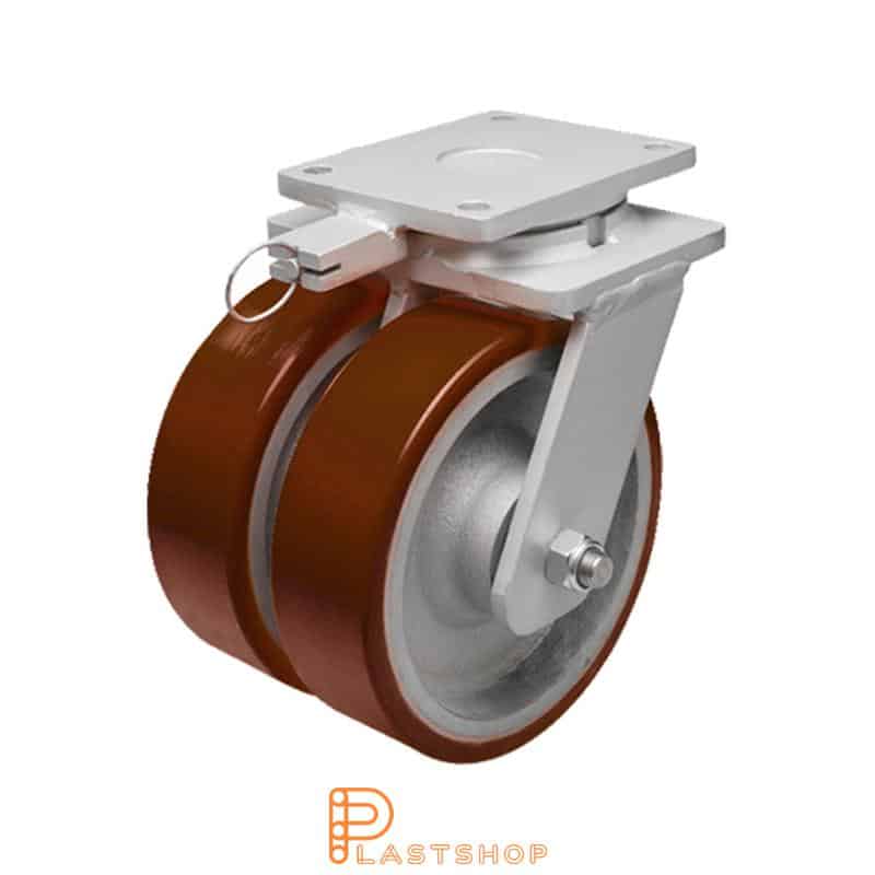 Double link wheel without brake, plate, wheel diameter 150 mm, building height 212 mm, hub in cast iron with soft track in PUR in röd. 1900 kg load capacity, double ball bearings