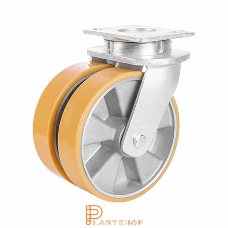 Dubbelt länkhjul utan broms, platta, hjuldiameter 200 mm, bygghöjd 250 mm, nav i aluminium med mjuk bana i PUR i orange färg. 1400 kg bärighet, dubbla kullager