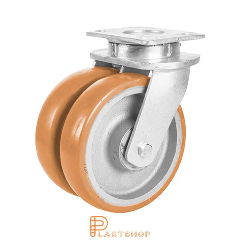 Double link wheel without brake, flat, wheel diameter 200 mm, construction height 250 mm, hub in cast iron with soft running surface in ElastoPUR in brun. 1500 kg load capacity, double ball bearings