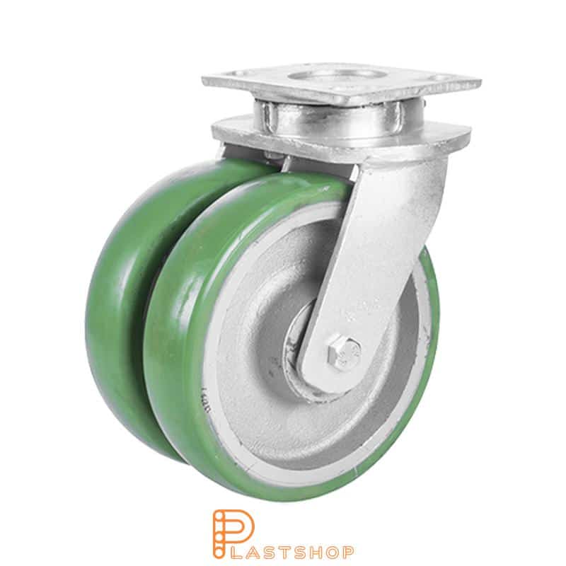 Double link wheel without brake, flat, wheel diameter 200 mm, construction height 250 mm, hub in cast iron with soft running surface in ElastoPUR in grön. 1400 kg load capacity, double ball bearings