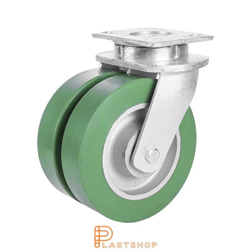 Double link wheel without brake, flat, wheel diameter 200 mm, construction height 250 mm, hub in cast iron with soft running surface in ElastoPUR in grön. 1400 kg load capacity, double ball bearings