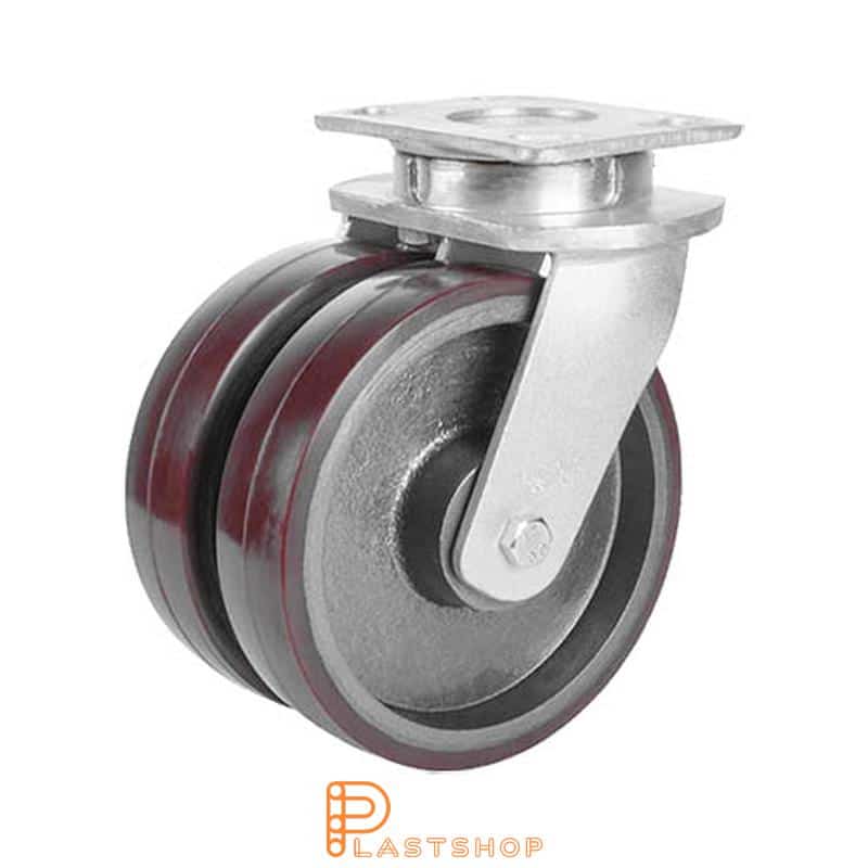 Double link wheel without brake, plate, wheel diameter 200 mm, building height 250 mm, hub in cast iron with soft track in PUR in röd. 1500 kg load capacity, double ball bearings