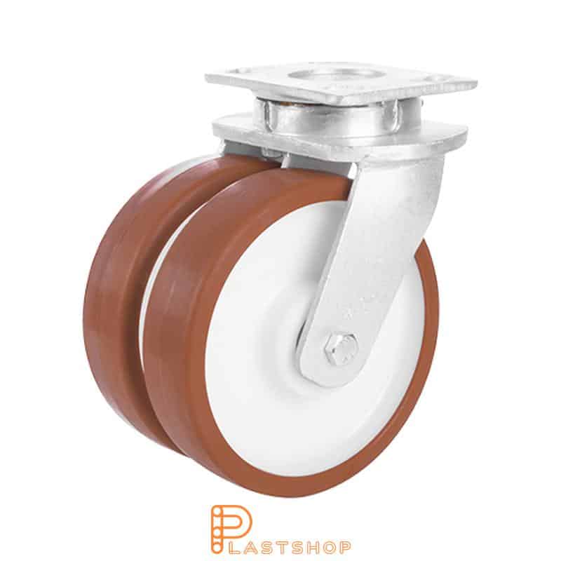 Double link wheel without brake, flat, wheel diameter 200 mm, construction height 250 mm, hub in PA6 with soft running surface in PUR in röd. 1350 kg load capacity, double ball bearings