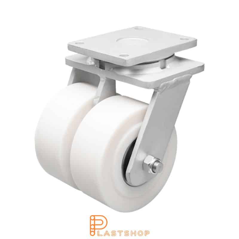 Double link wheel without brake, plate, wheel diameter 200 mm, building height 264 mm, hard wheel in solid PA6 C, 5000 kg load capacity, double ball bearings