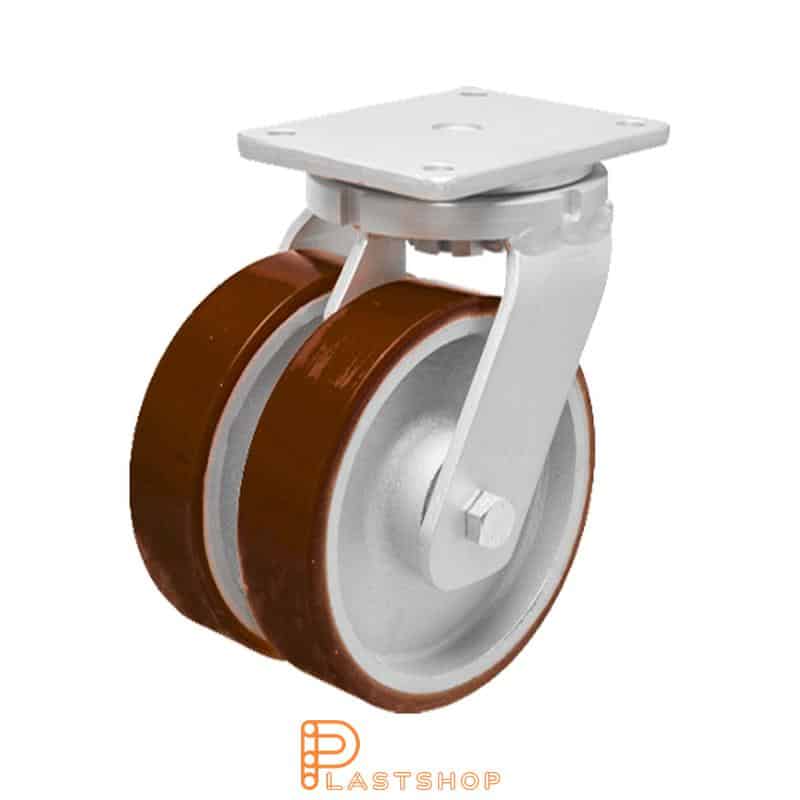 Double link wheel without brake, plate, wheel diameter 200 mm, building height 264 mm, hub in cast iron with soft track in PUR in röd. 1800 kg load capacity, double ball bearings