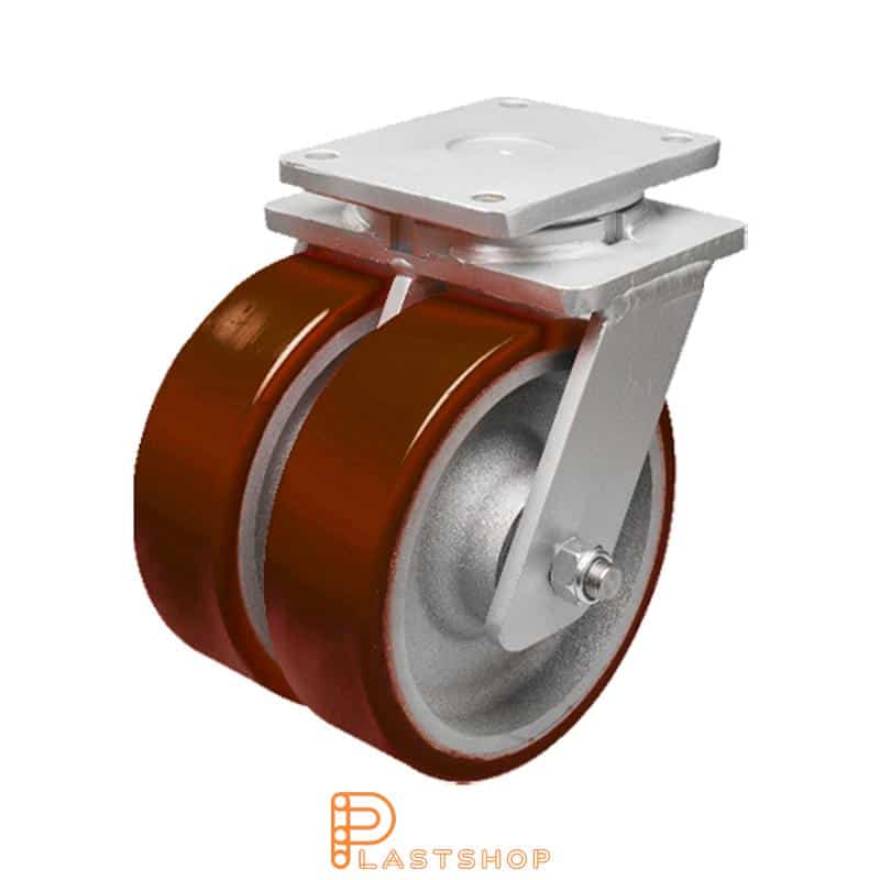 Double link wheel without brake, plate, wheel diameter 200 mm, building height 264 mm, hub in cast iron with soft track in PUR in röd. 2500 kg load capacity, double ball bearings