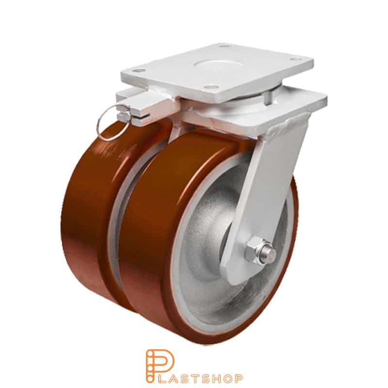 Double link wheel without brake, plate, wheel diameter 200 mm, building height 264 mm, hub in cast iron with soft track in PUR in red color. 2500 kg load capacity, double ball bearings