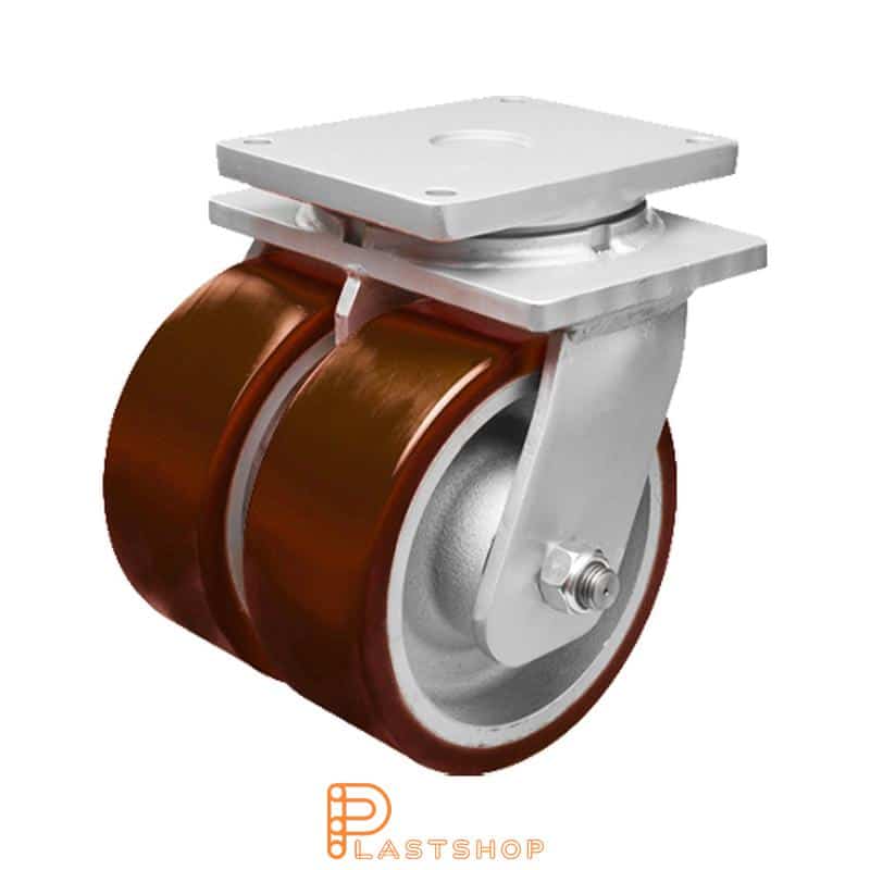 Rueda doble de enlace sin freno, placa, diámetro de la rueda 200 mm, altura de construcción 280 mm, buje de fundición con pista suave en PUR de color rojo. 3200 kg de carga, doble cojinete de bolas