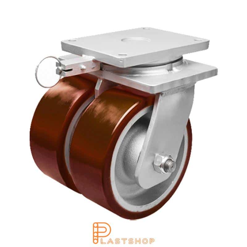 Double link wheel without brake, plate, wheel diameter 200 mm, building height 280 mm, hub in cast iron with soft track in PUR in röd. 3200 kg load capacity, double ball bearings
