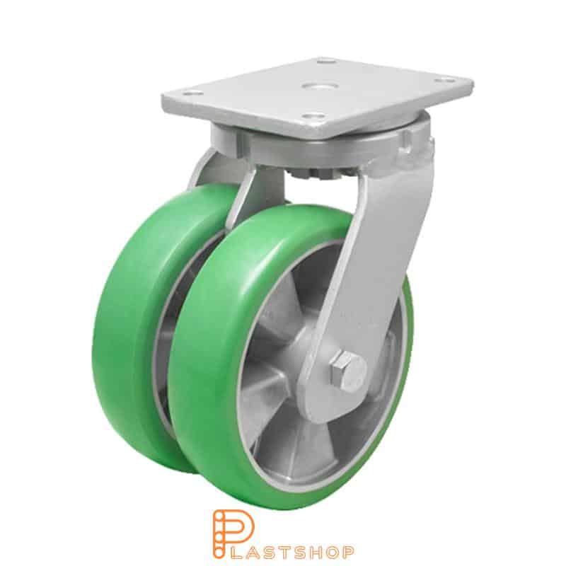Double link wheel without brake, flat, wheel diameter 250 mm, construction height 314 mm, hub in aluminum with soft running surface in ElastoPUR in grön. 1500 kg load capacity, double ball bearings