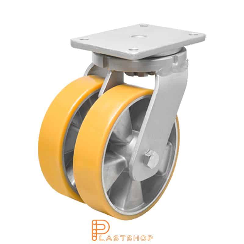 Dubbelt länkhjul utan broms, platta, hjuldiameter 250 mm, bygghöjd 314 mm, nav i aluminium med mjuk bana i PUR i orange färg. 1800 kg bärighet, dubbla kullager