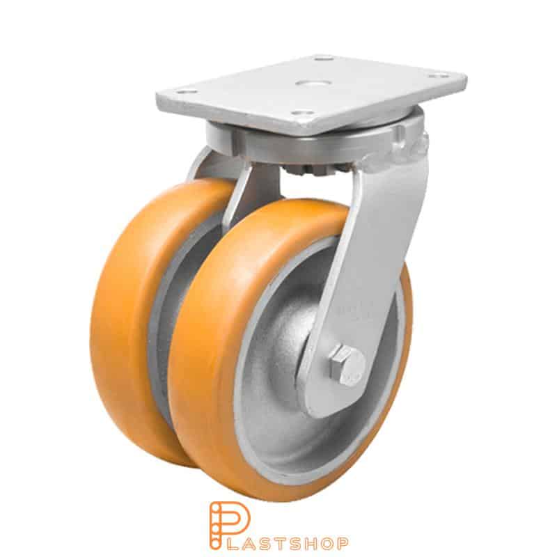 Double link wheel without brake, flat, wheel diameter 250 mm, construction height 314 mm, hub in cast iron with soft running surface in ElastoPUR in brun. 1800 kg load capacity, double ball bearings