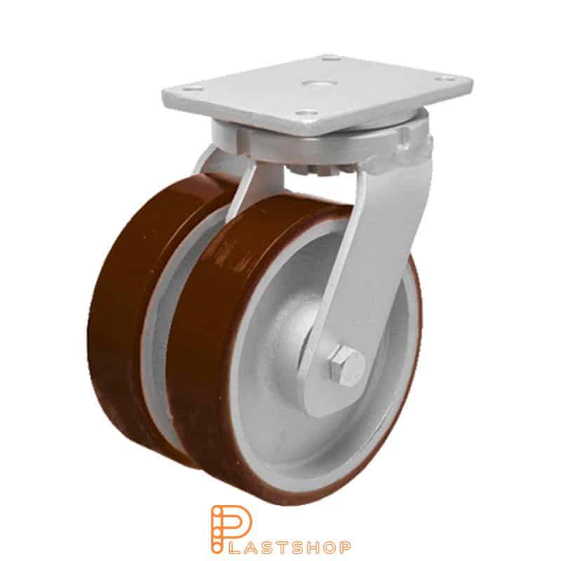 Rueda doble de enlace sin freno, placa, diámetro de la rueda 250 mm, altura de construcción 314 mm, buje de fundición con pista suave en PUR de color rojo. 2150 kg de carga, doble cojinete de bolas