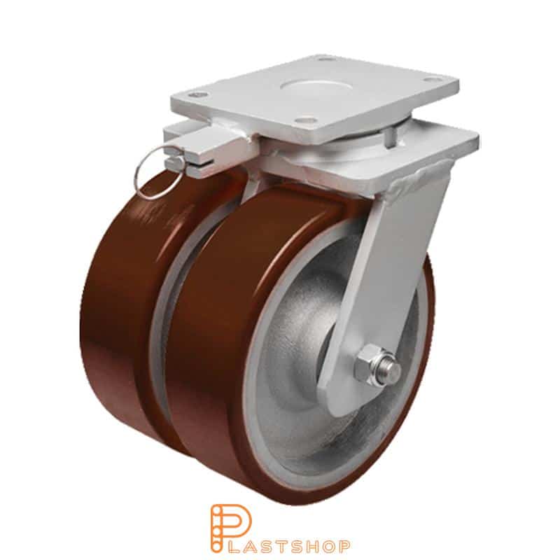 Double link wheel without brake, plate, wheel diameter 250 mm, building height 314 mm, hub in cast iron with soft track in PUR in röd. 3200 kg load capacity, double ball bearings