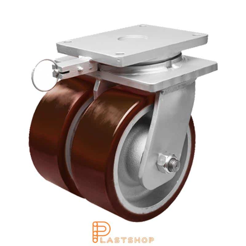 Double link wheel without brake, plate, wheel diameter 250 mm, building height 330 mm, hub in cast iron with soft track in PUR in röd. 3950 kg load capacity, double ball bearings