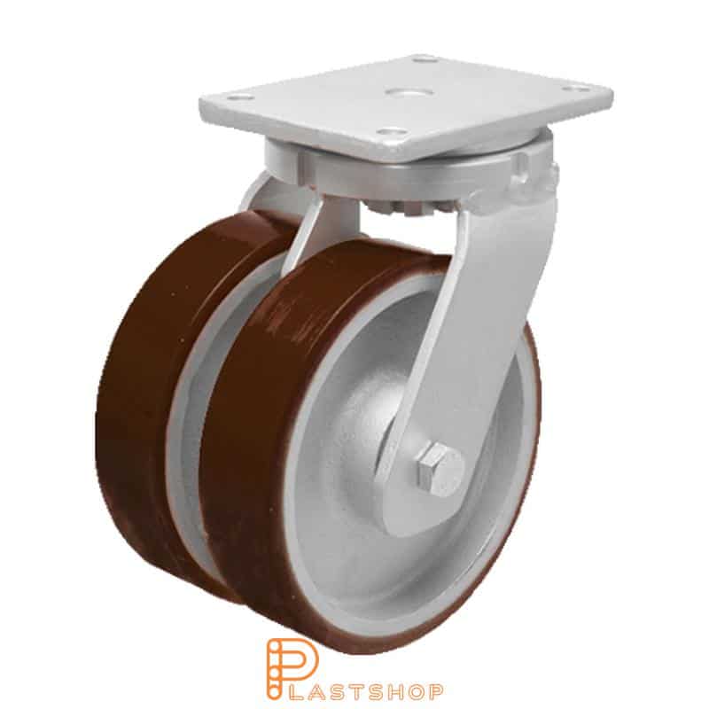 Double link wheel without brake, plate, wheel diameter 300 mm, building height 365 mm, hub in cast iron with soft track in PUR in röd. 2500 kg load capacity, double ball bearings