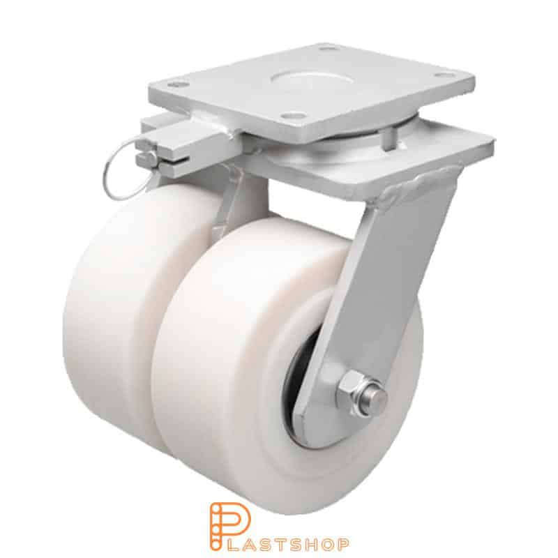 Double link wheel without brake, plate, wheel diameter 300 mm, building height 375 mm, hard wheel in solid PA6 C, 5000 kg load capacity, double ball bearings