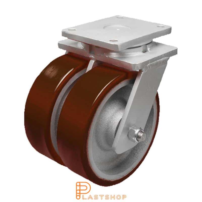 Rueda doble de enlace sin freno, placa, diámetro de la rueda 300 mm, altura de construcción 375 mm, buje de fundición con pista suave en PUR de color rojo. 3900 kg de carga, doble cojinete de bolas