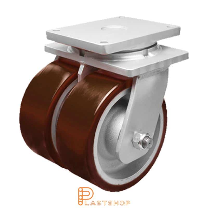 Double link wheel without brake, plate, wheel diameter 300 mm, building height 395 mm, hub in cast iron with soft track in PUR in röd. 5000 kg load capacity, double ball bearings