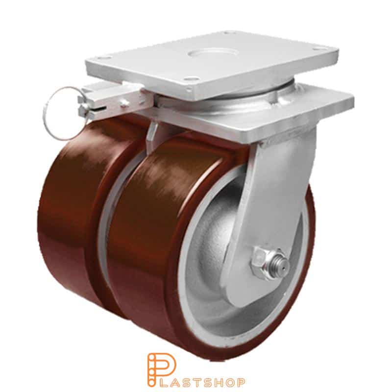 Double link wheel without brake, plate, wheel diameter 300 mm, building height 395 mm, hub in cast iron with soft track in PUR in röd. 5000 kg load capacity, double ball bearings