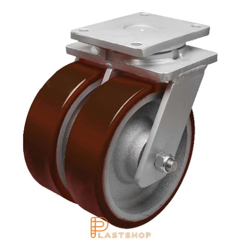 Double link wheel without brake, plate, wheel diameter 400 mm, building height 475 mm, hub in cast iron with soft track in PUR in röd. 4500 kg load capacity, double ball bearings