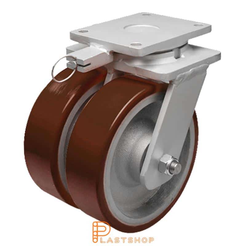Double link wheel without brake, plate, wheel diameter 400 mm, building height 475 mm, hub in cast iron with soft track in PUR in röd. 4500 kg load capacity, double ball bearings