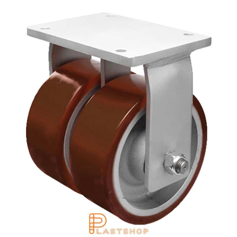 Double link wheel without brake, flat, wheel diameter 400 mm, construction height 495 mm, hub in cast iron with soft running surface in PUR in orange. 6300 kg load capacity, double ball bearings