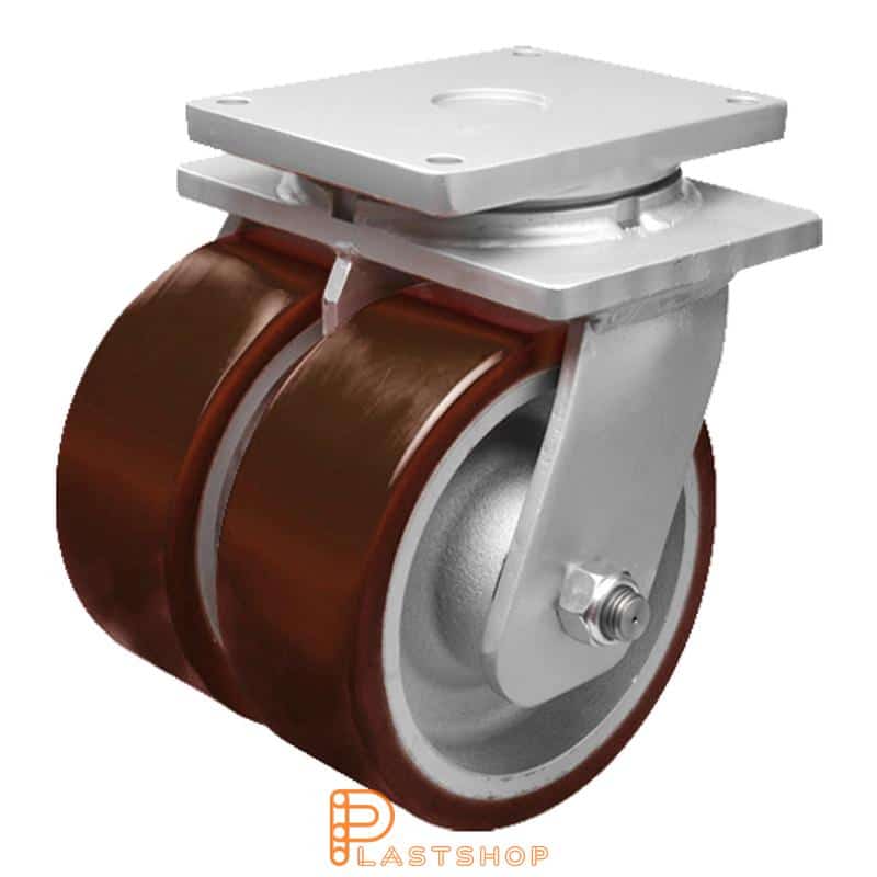 Double link wheel without brake, plate, wheel diameter 400 mm, building height 495 mm, hub in cast iron with soft track in PUR in röd. 6300 kg load capacity, double ball bearings