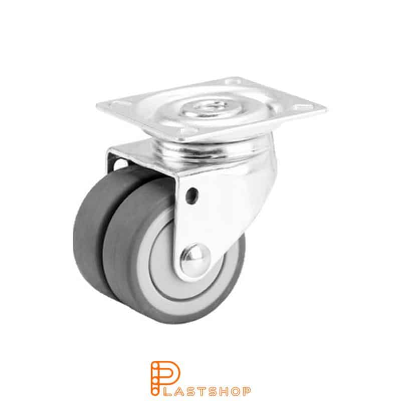 Rueda de cadena doble sin freno, platta, diámetro de la rueda 50 mm, altura de construcción 70 mm, buje en PP con banda suave en TPE de color gris. 90 kg de carga, cojinetes