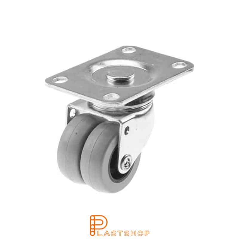 Double link wheel without brake, flat, wheel diameter 50 mm, construction height 74 mm, hub in PP with soft running surface in TPE in grå. 70 kg load capacity, slide bearings