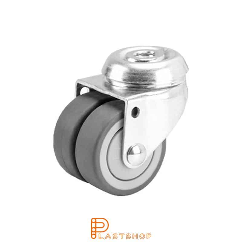 Double link wheel without brake, flat, wheel diameter 75 mm, construction height 101 mm, hub in PP with soft running surface in TPE in grå. 100 kg load capacity, slide bearings