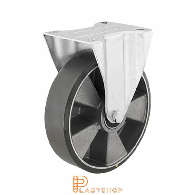 Electrically conductive fixed bracket, flat, wheel diameter 200 mm, construction height 235 mm, hub in aluminum with soft running surface in PUR in grå. 350 kg load capacity, double ball bearings