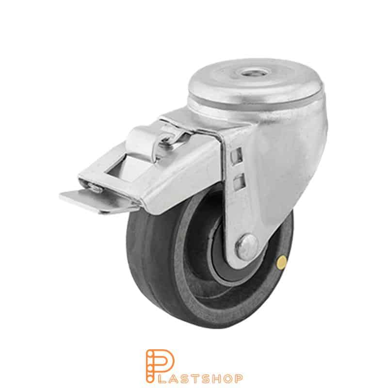 Electrically conductive link wheel with brake, center hole, wheel diameter 100 mm, construction height 132 mm, hub in PA6 with soft running surface in PUR in gray color. 200 kg load capacity, ball bearings