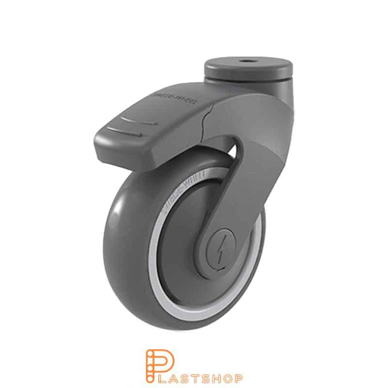 Sähköä johtava liukurenkaan pyörä jarrulla, keskireikä, pyörän halkaisija 100 mm, rakennuskorkeus 140 mm, navat PP:llä pehmeällä uralla TPE:llä harmaa väri. 100 kg kantavuus, kuulalaakeri