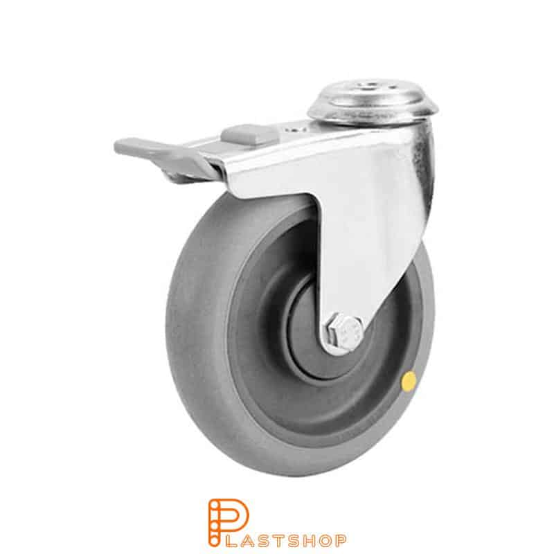 Elektriskt ledande länkhjul med broms, centrumhål, hjuldiameter 125 mm, bygghöjd 150 mm, nav i PA6 med mjuk bana i TPE i grå färg. 70 kg bärighet, kullager